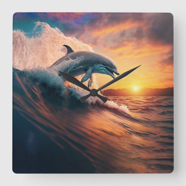 Realistic Dolphin Jumping Ocean Sunset Kids Adult Square Wall Clock (Front)
