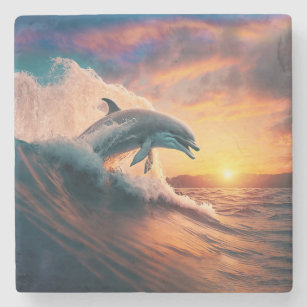 Realistic Dolphin Jumping Ocean Sunset Kids Adult  Stone Coaster