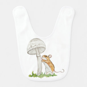 Realistic drawing of a funny field mouse and mushr baby bib