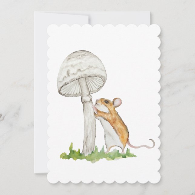 Realistic drawing of a funny field mouse and mushr invitation (Front)