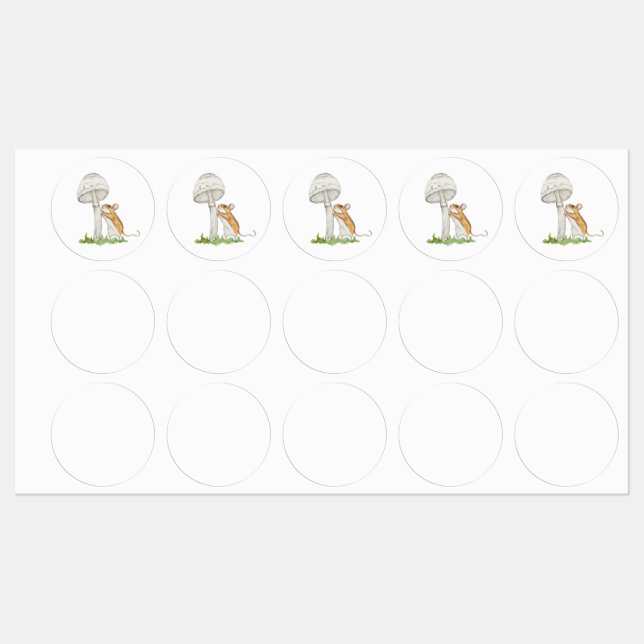 Realistic drawing of a funny field mouse and mushr labels (Sheet)