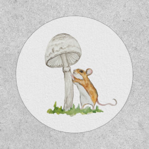 Realistic drawing of a funny field mouse and mushr patch