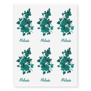 Realistic Fake Dark Teal Roses, Butterflies & Name Temporary Tattoos