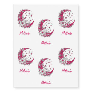 Realistic Fake Pink Crescent Moon & Flowers Name Temporary Tattoos
