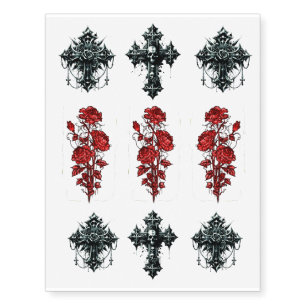 Realistic Fake Tattoos Goth Crosses Skulls & Roses