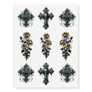 Realistic Fake Tattoos Goth Crosses Skulls & Roses