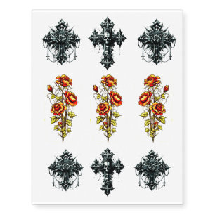 Realistic Fake Tattoos Goth Crosses Skulls & Roses