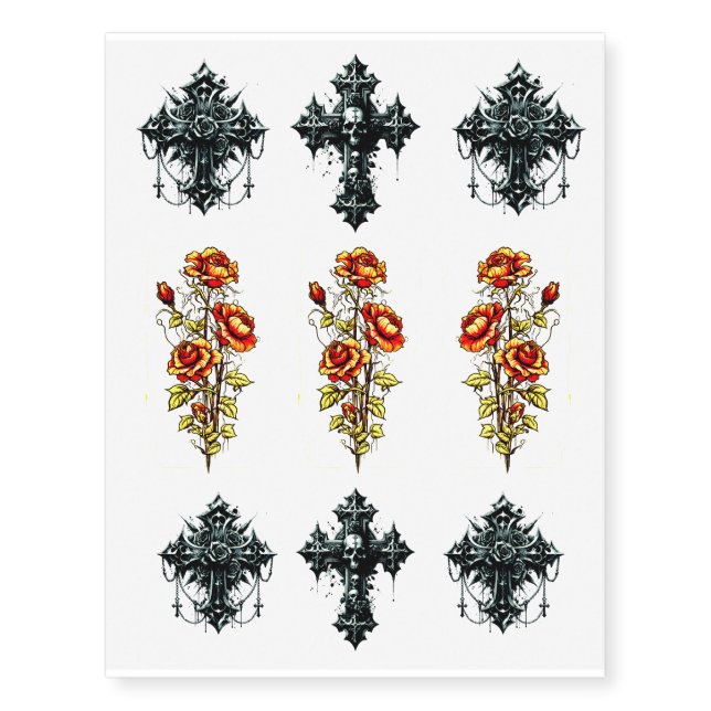 Realistic Fake Tattoos Goth Crosses Skulls & Roses (Front)