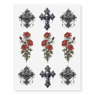 Realistic Fake Tattoos Gothic Crosses & Red Roses