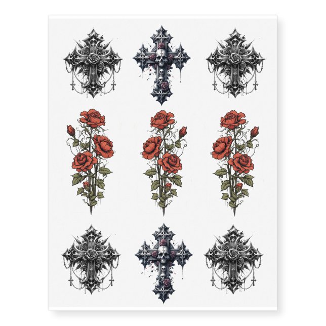 Realistic Fake Tattoos Gothic Crosses & Red Roses (Front)