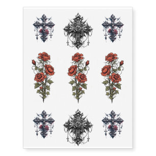 Realistic Fake Tattoos Gothic Crosses & Red Roses