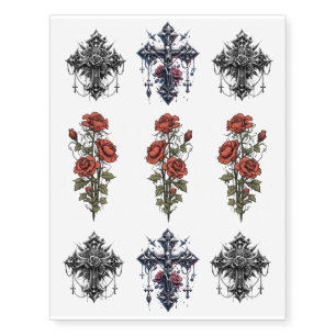Realistic Fake Tattoos Gothic Crosses & Red Roses