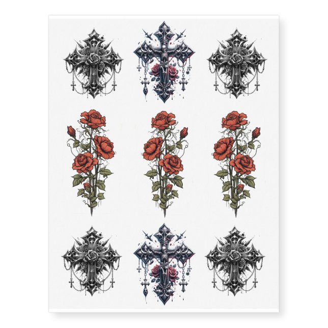 Realistic Fake Tattoos Gothic Crosses & Red Roses (Front)