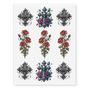 Realistic Fake Tattoos Gothic Crosses & Red Roses