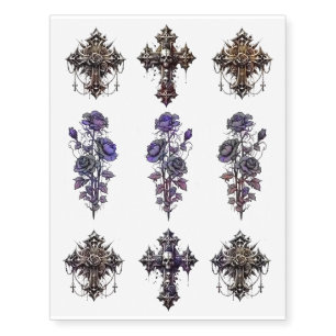 Realistic Fake Tattoos Gothic Crosses & Roses