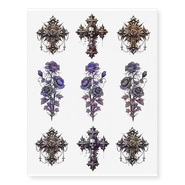 Realistic Fake Tattoos Gothic Crosses & Roses (Front)