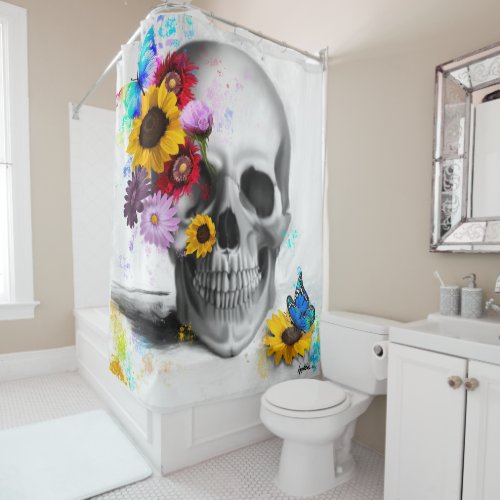 Realistic Floral butterfly skull Shower Curtain
