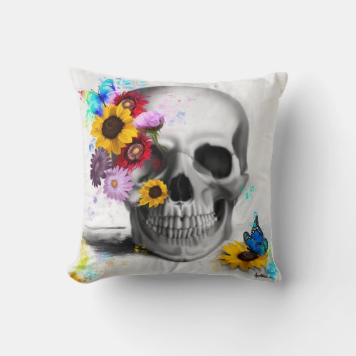 Realistic floral butterfly skull throw pillow