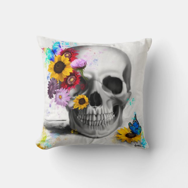 Realistic floral butterfly skull throw pillow (Front)