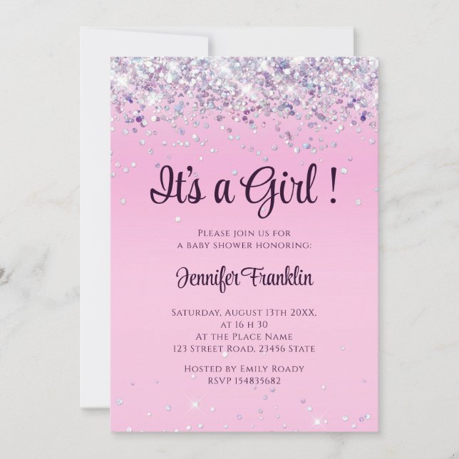 Realistic glitter pink ombre girl baby shower invitation (Front)