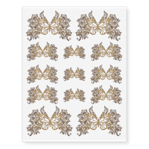 Realistic Gold Tone Floral Butterfly Fake Tattoo