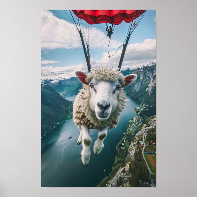 Realistic GoPro Picture of a Sheep Using a Parachu Poster (Front)