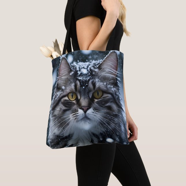 Realistic Gray Cat Winter Snowy Cat Art Gift Tote Bag (Close Up)
