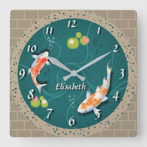 Realistic Green Japanese Koi Fish Pond  Square Wall Clock