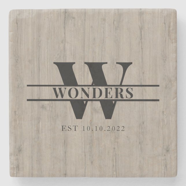 Realistic Grey Driftwood Grain Monogram Wedding Stone Coaster (Front)