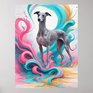 Realistic Greyhound with Neon Color Background Poster