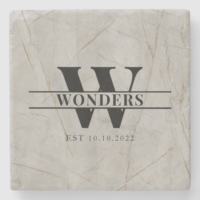 Realistic marble Wood Grain Monogram Wedding Stone Coaster (Front)