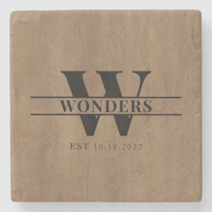 Realistic medium Wood Grain Monogram Wedding Stone Coaster
