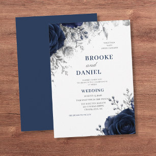 Realistic Navy Rose Silver Glitter Wedding Invitation