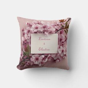 Realistic Pink Cherry Blossom Branch and Leaf Throw Pillow