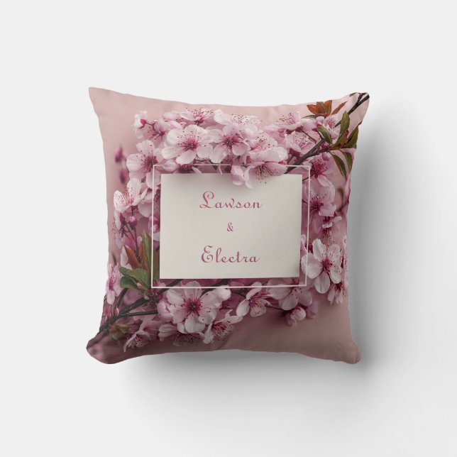 Realistic Pink Cherry Blossom Branch and Leaf Throw Pillow (Front)