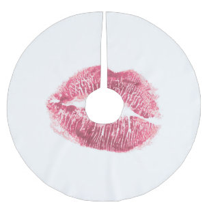 Realistic pink lips, isolated kiss brushed polyester tree skirt