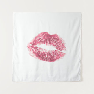 Realistic pink lips, isolated kiss tapestry