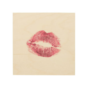 Realistic pink lips, isolated kiss wood wall art