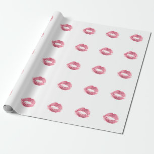 Realistic pink lips, isolated kiss wrapping paper