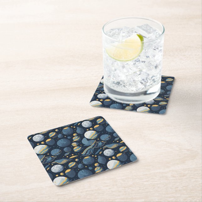 realistic Planets illustration pattern Square Paper Coaster (Insitu)