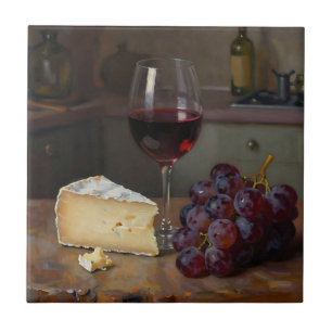 Realistic Red Wine Cheese Grapes Still Life Ceramic Tile