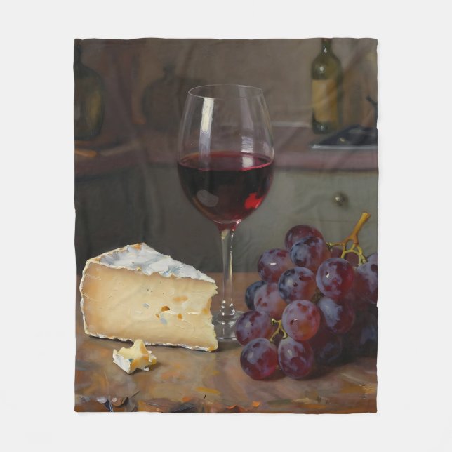 Realistic Red Wine Cheese Grapes Still Life Fleece Blanket (Front)