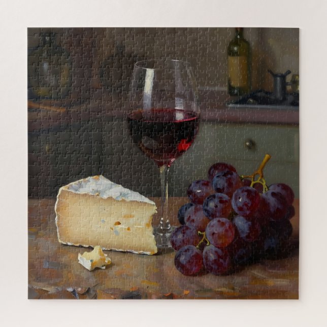 Realistic Red Wine Cheese Grapes Still Life Jigsaw Puzzle (Vertical)