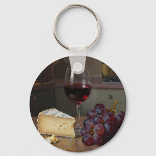 Realistic Red Wine Cheese Grapes Still Life Keychain