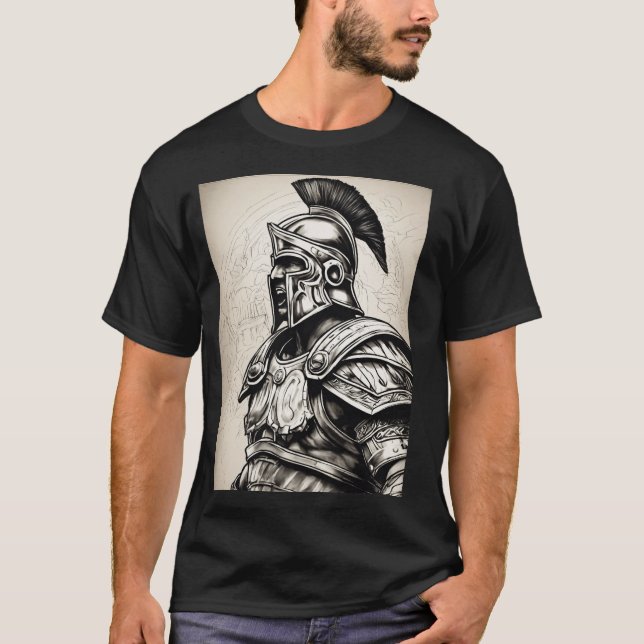 Realistic Roman Gladiator Tattoo Linework - Black  T-Shirt (Front)