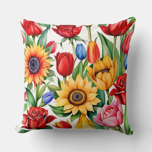 Realistic Rose and Tulip Patterned Cushion Throw Pillow