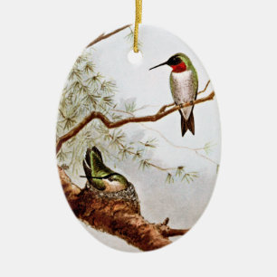 Realistic Ruby-Throated Hummingbird Art Ceramic Ornament