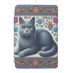 Realistic Russian blue Cat Colorful Floral Border iPad Mini Cover