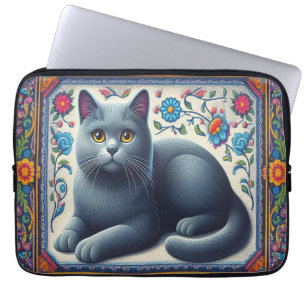 Realistic Russian blue Cat Colorful Floral Border Laptop Sleeve