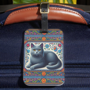 Realistic Russian blue Cat Colorful Floral Border Luggage Tag